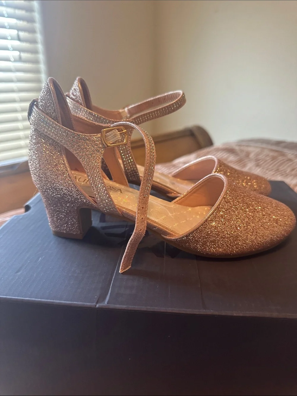 Girls Glitter Rose Gold Ankle Strap Heels